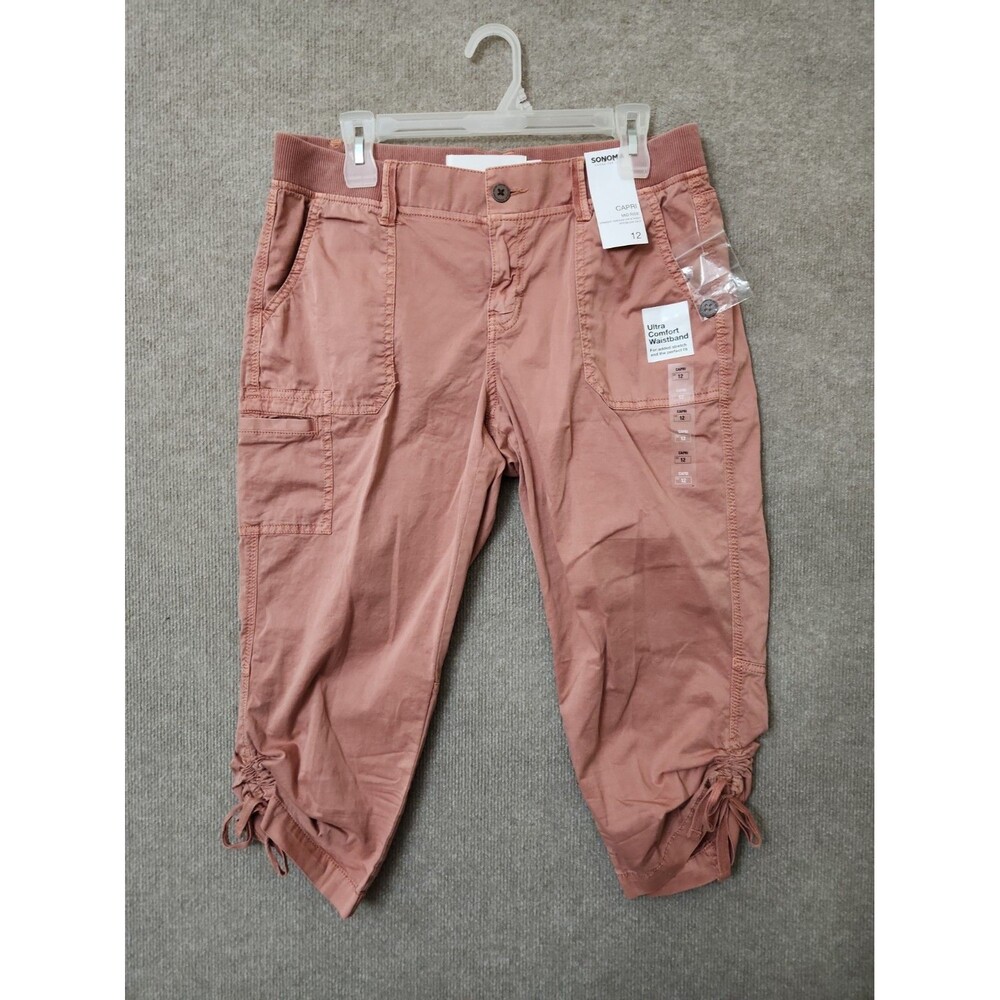 Sonoma Utility Capri Pants Womens 12 Dusty Pink Cargo Pockets Ruched Hem NEW